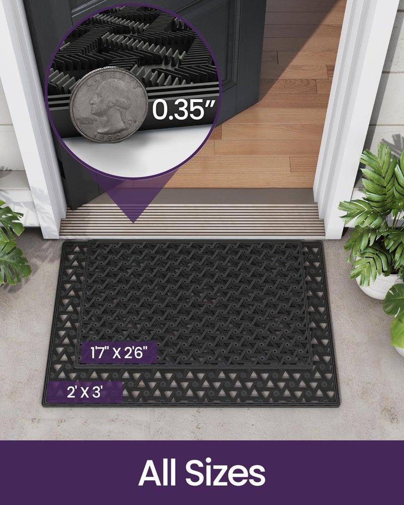 DEXI Front Door Mat Outside Entrance，19x30 Rubber Floor Doormat Heavy Duty Non Slip, Dirt Trapper Waterproof Exterior Entry Mats All Weather for Patio Entryway Drainage, Black - Image 2
